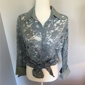 Vici Blue Gray Lace Accent Blouse